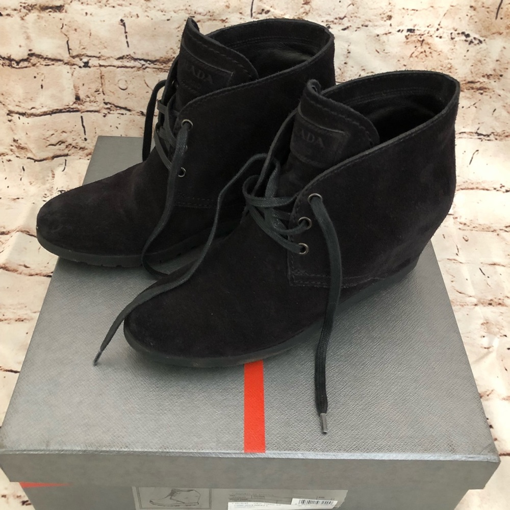 Prada suede wedge booties
